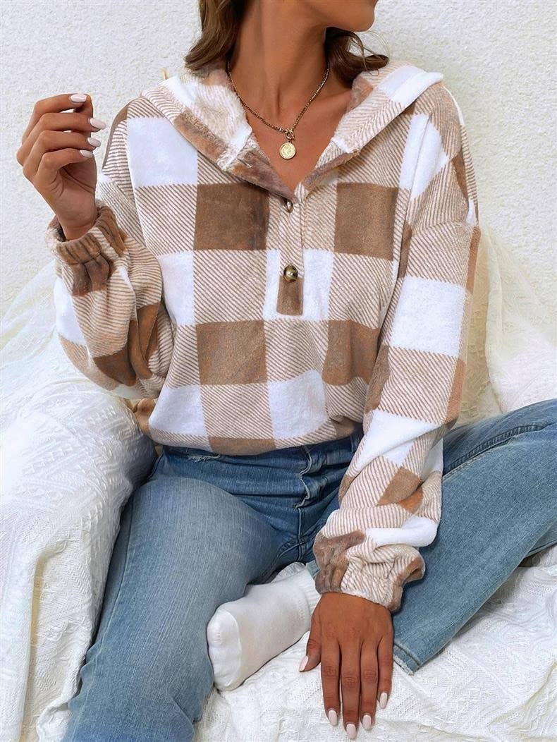 Checkered studs Loose hooded casual sweatshirt