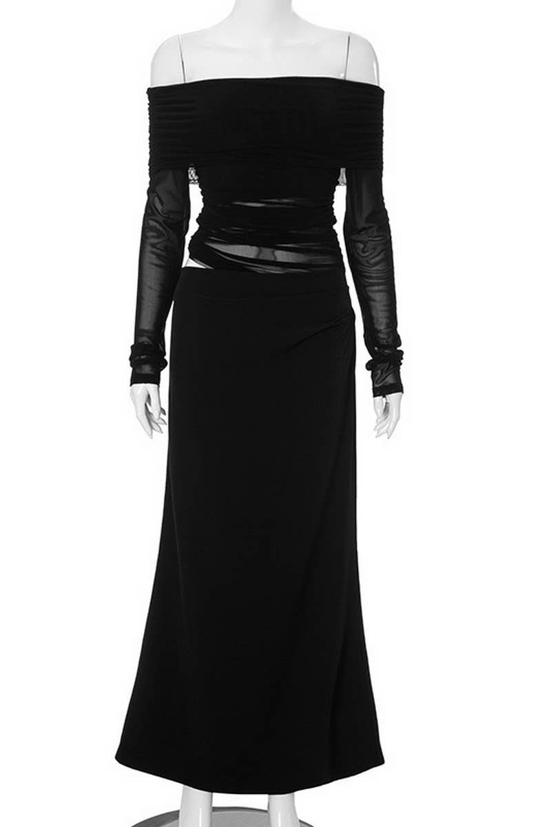 CWDMD6079_OFF SHOULDER LONG SLEEVE CUTOUT PATCHWORK DRESS