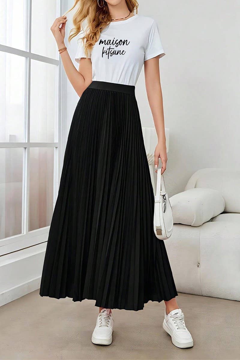 CWBLS0513_PLEATED FLARED A-LINE POLYESTER MIDI SKIRT