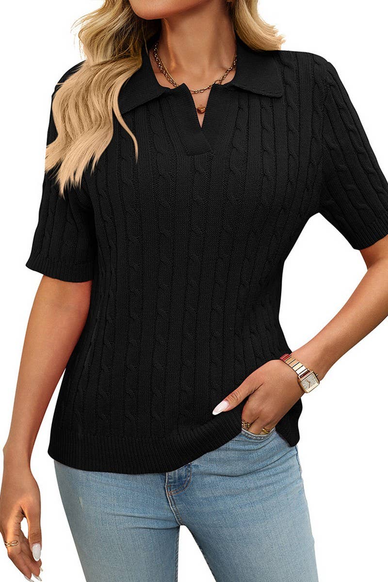 CWOSWS0127_V-NECK LAPEL CABLE-KNIT SHORT-SLEEVED PULLOVER