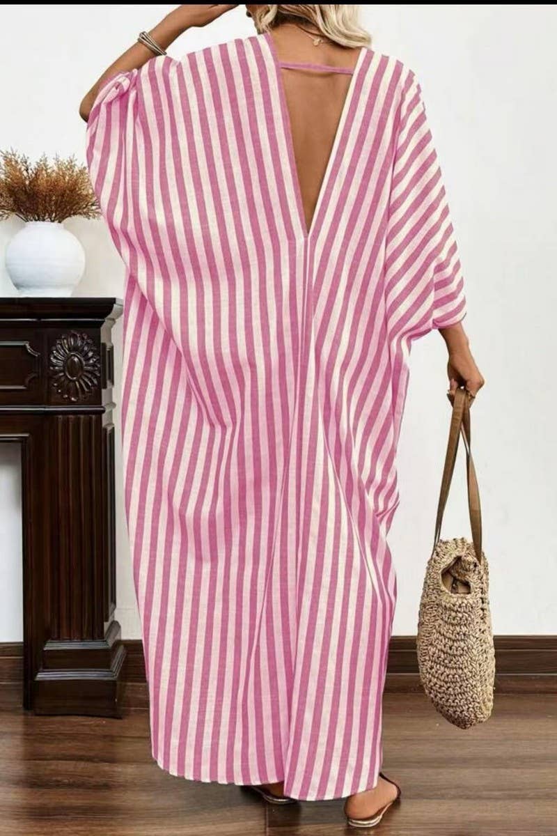 CWDMD5853_CASUAL LOOSE V-NECK STRIPED MAXI DRESS