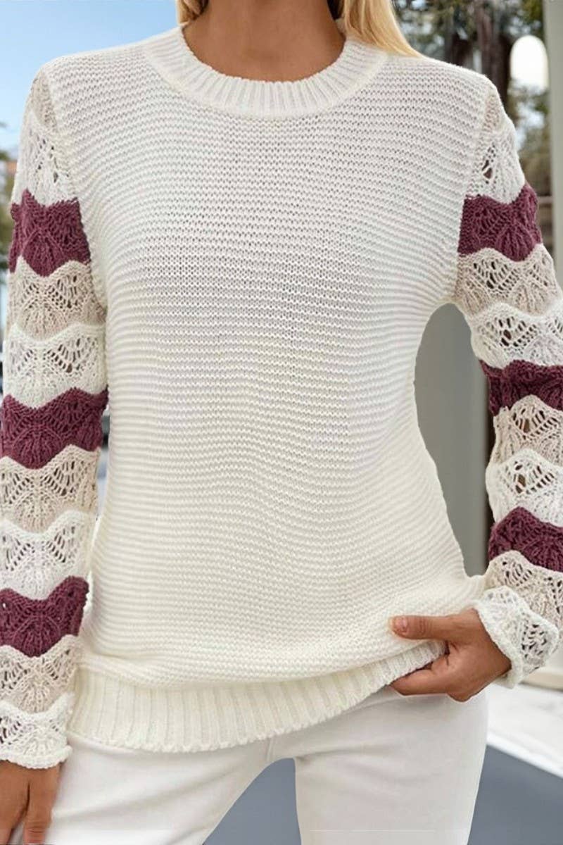 CWOSWL07359_LOOSE KNIT STRIPE COLORBLOCK HOLLOW SLEEVE TOP