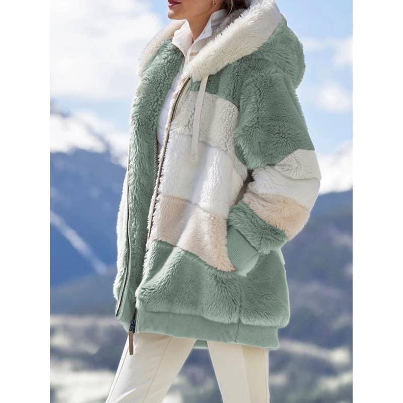 FLEECE PATCHWORK ZIPPER POCKET HOODED JACKET