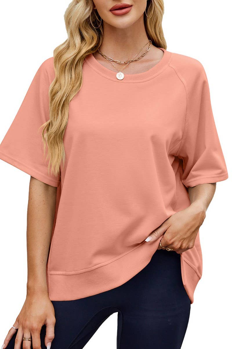 CWTTS1341_SPRING AND SUMMER THREADED ROUND NECK LOOSE TOP
