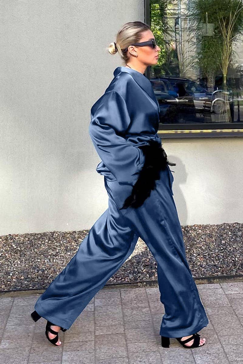 CWSPJ0165_SOLID COLOR FEATHER SATIN HOME WEAR SET