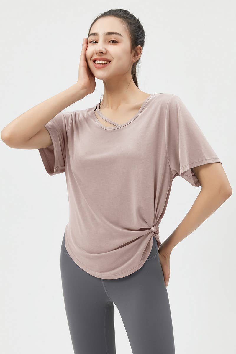 CWTBLS1469_LOOSE SHORT-SLEEVED SOLID COLOR SPORTS TOP