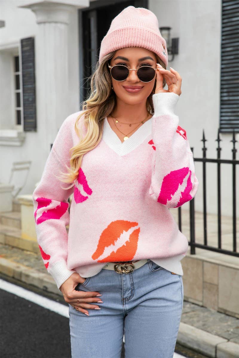 CWOSWL3165_LIPS PRINT VALENTINE'S DAY V-NECK KNIT SWEATER