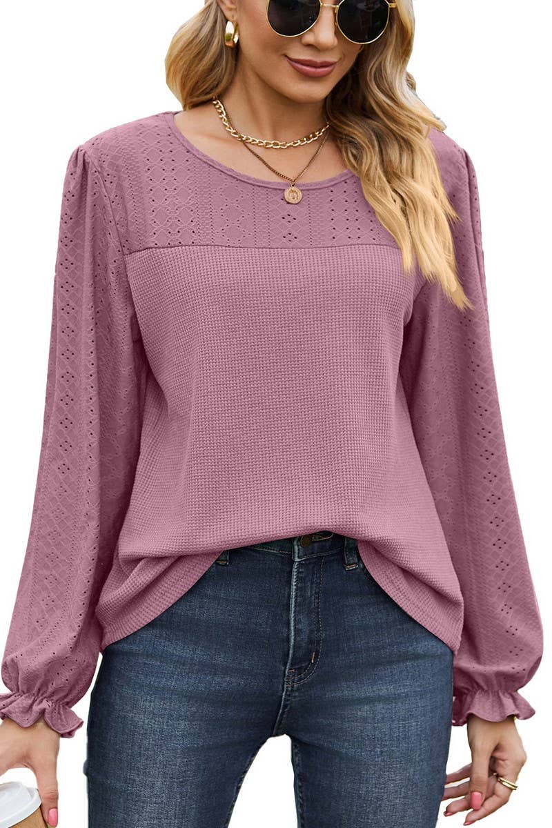 CWTBLL2417_SPLICED ROUND NECK LOOSE LONG SLEEVE T-SHIRT TOP