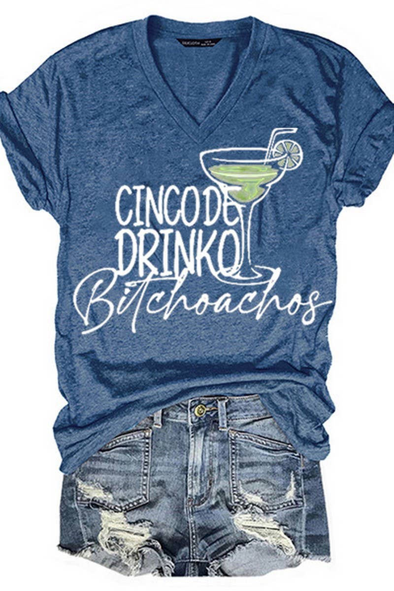 CWTTS1059_LETTER PRINTED V NECK CASUAL SHORT SLEEVED T SHIRT