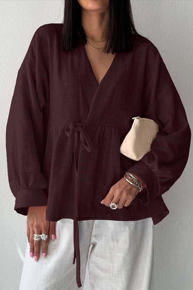 CWSTB00480_2025 SPRING FALL V NECK COTTON LINEN PANTS SET