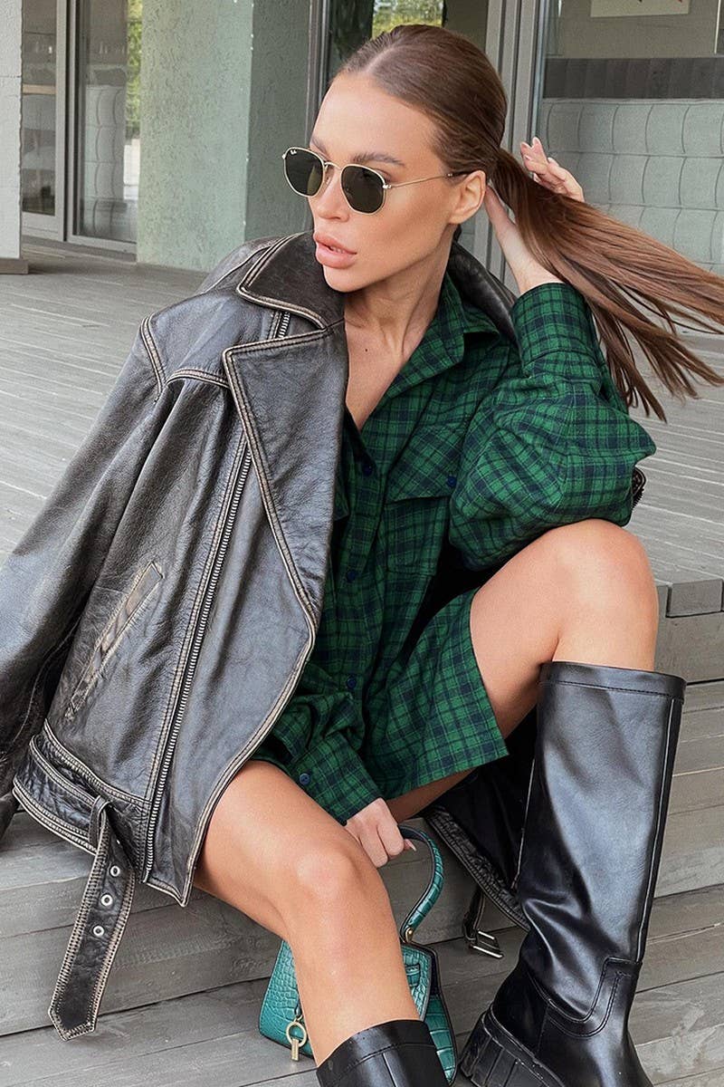 CWTBLL561_RETRO GREEN PLAID OVERSIZED LONG-SLEEVED SHIRT