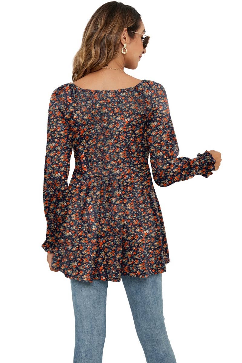 CWTBLL2935_FALL FLOWER BOUQUET WAIST PUFFY SLEEVE TOP