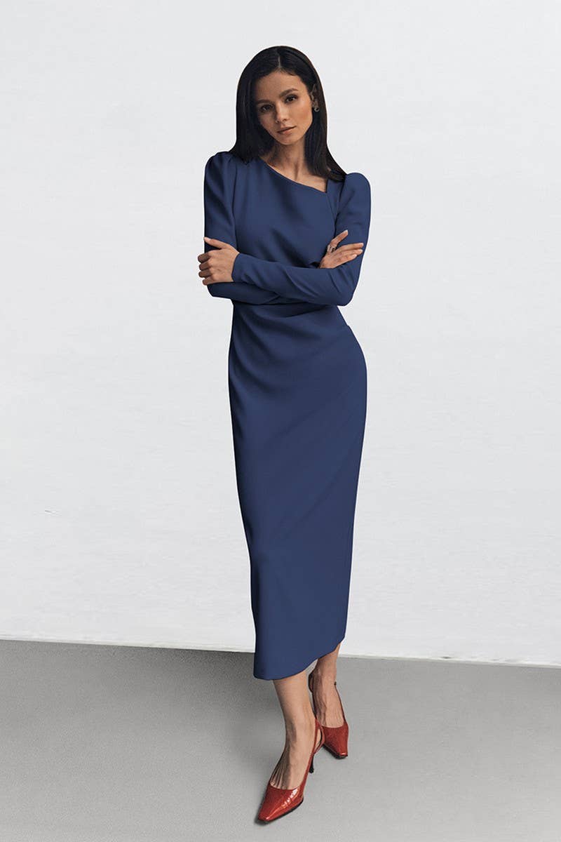 CWDMD6113_ASYMMETRIC NECK PUFF SLEEVE BODYCON SLIT DRESS