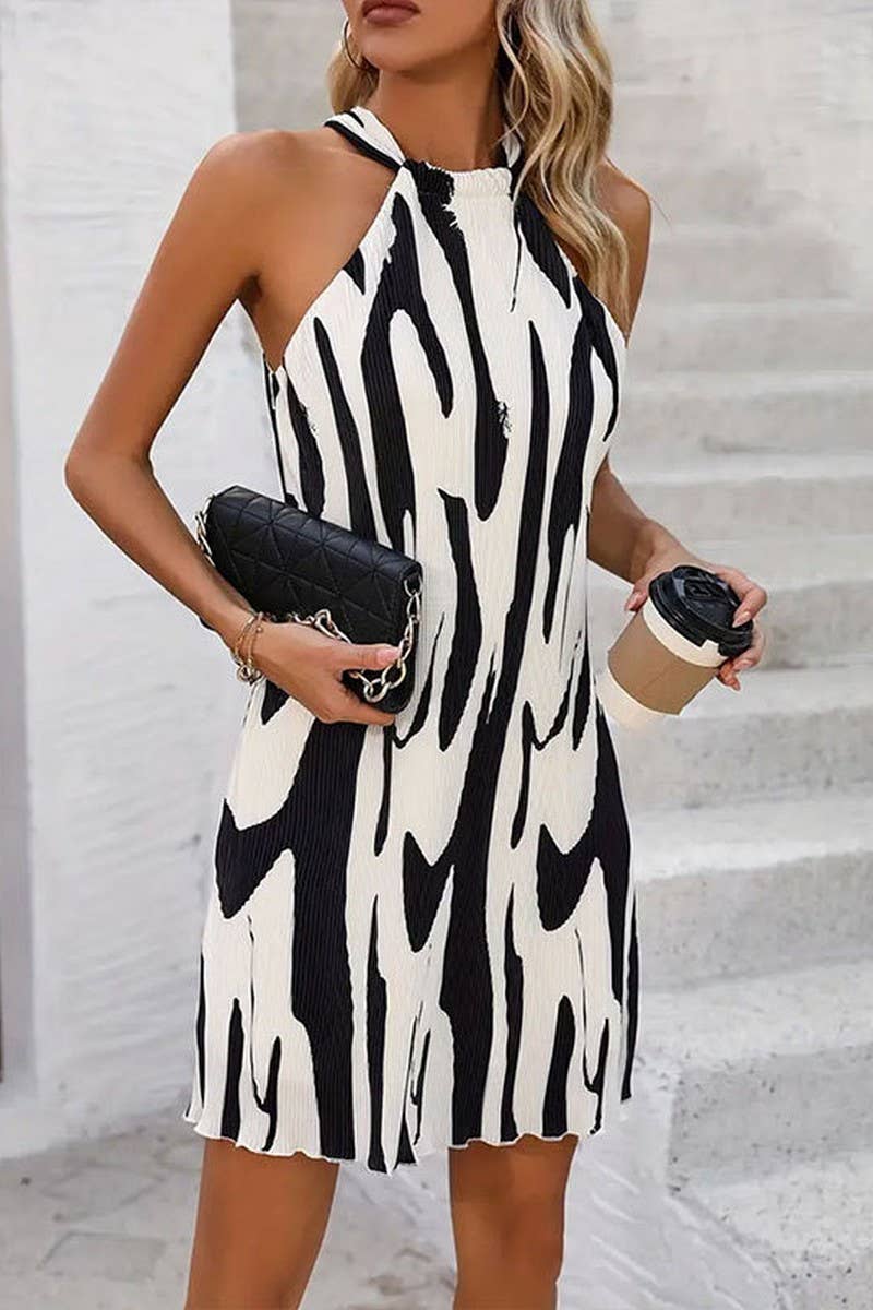 CWDHL0710_PRINTED PLEATED HALTER NECK A-LINE DRESS