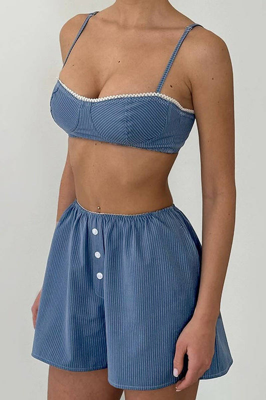 CWSPJ457_STRIPED SUSPENDER TUBE TOP HOME WEAR SET