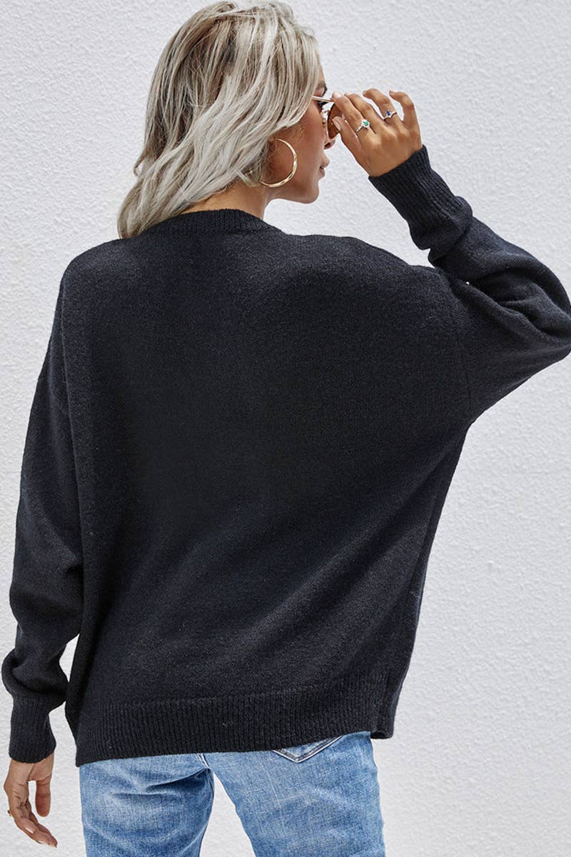 CWTTL1071  Loose V Neck Button Tops Pullover Sweater