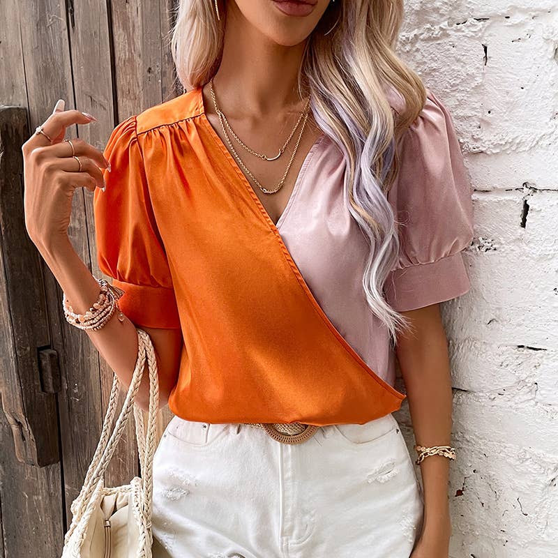 COLOR CONTRAST PATCHWORK FRENCH STYLE SHIRT