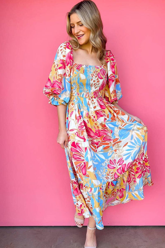 CWDMD3074_FLORAL PUFFED SLEEVE HIGH-WAISTED DRESS LONG