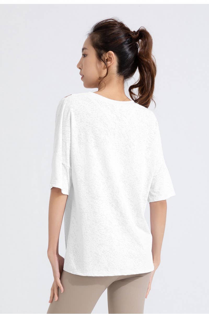 CWTBLS1470_JACQUARD CUTOUT SHORT SLEEVE RUNNING TOP