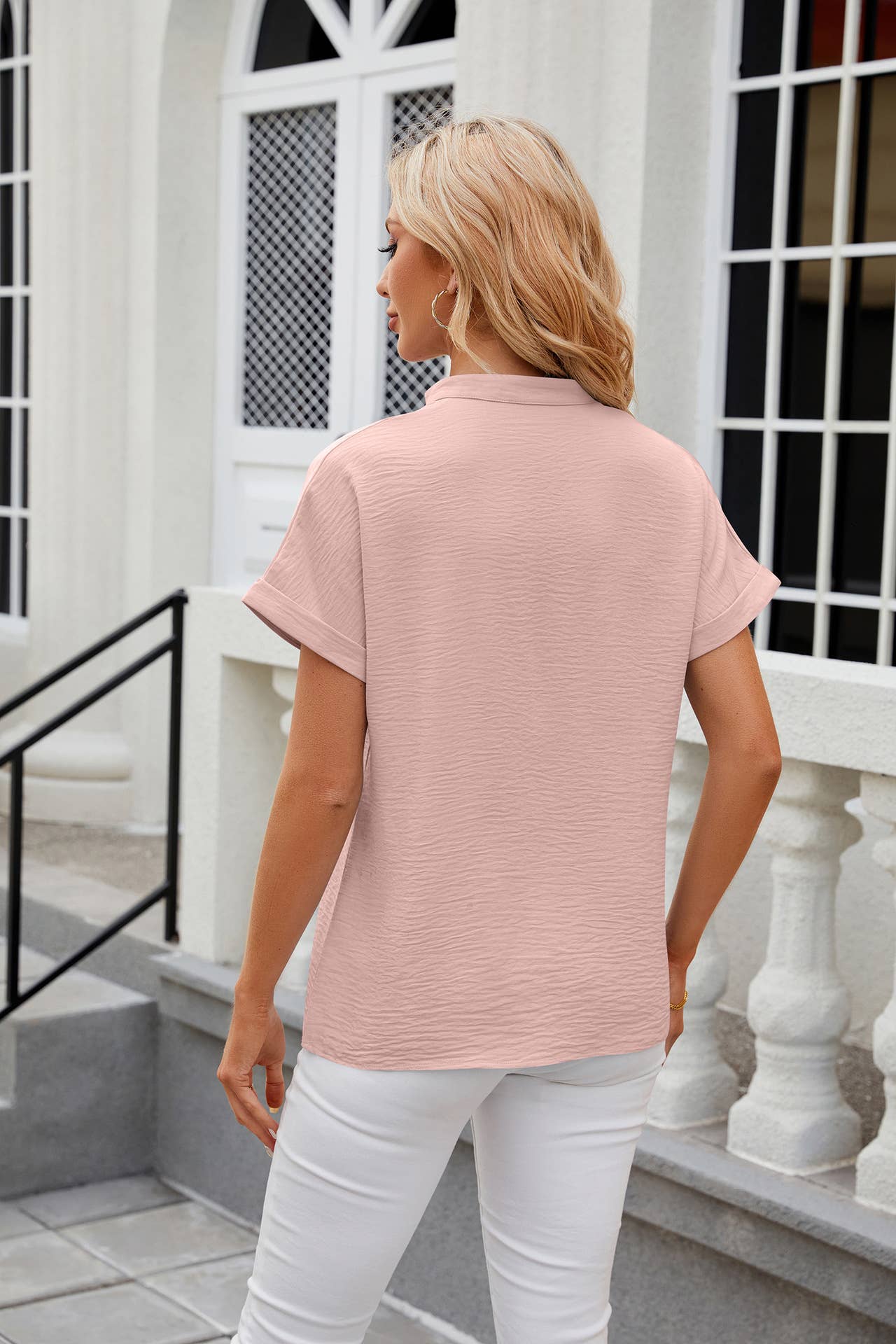 Chiffon V-neck solid color short-sleeved shirt