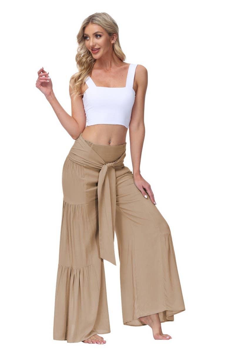 CWBLP2065_TEMPERAMENT ELASTIC WAIST PLEATED WIDE-LEG PANTS