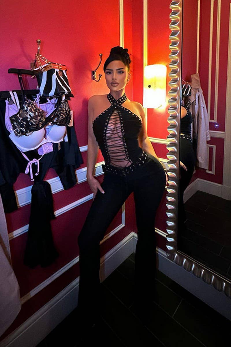 CWSJS1500_SEXY EYELET LACE-UP BODYCON JUMPSUIT