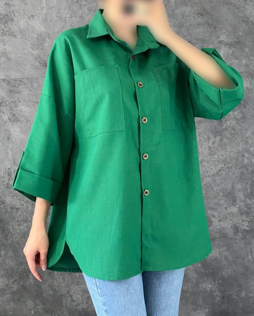 CASUAL LAPEL SOLID COLOR BAGGY POCKET BAGGY SHIRT