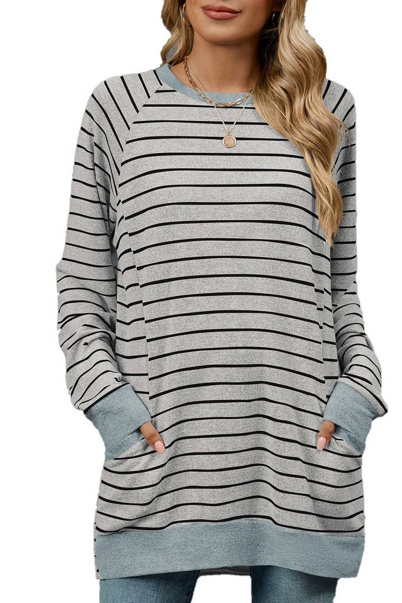 CWTBLL2360_STRIPED CONTRAST POCKET MID-LENGTH SWEATSHIRT