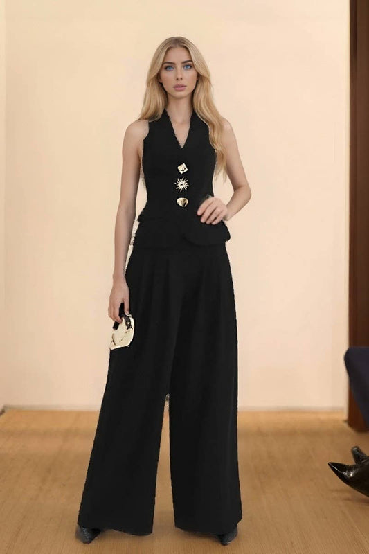 CWSTB2159_SOLID V-NECK VEST & HIGH-WAIST WIDE-LEG SET