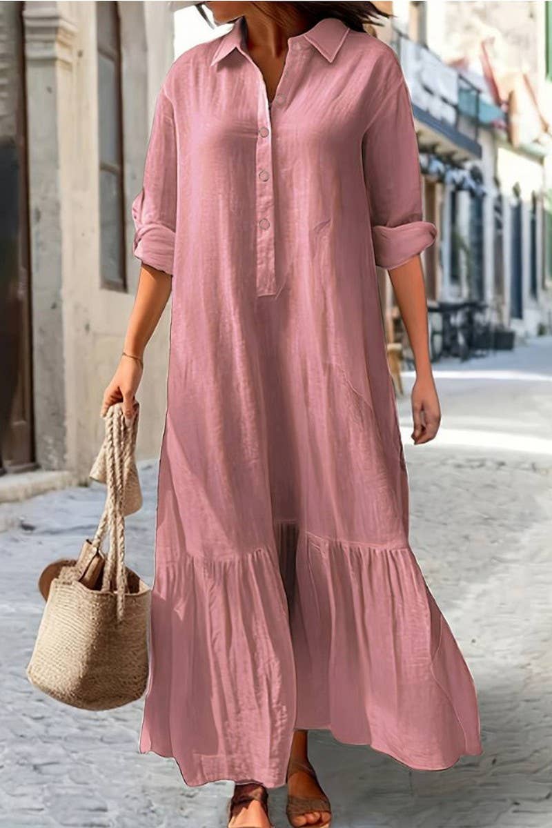 CWDMD01059_TWIST-BUTTON CASUAL IRREGULAR SHIRT COLLAR DRESS