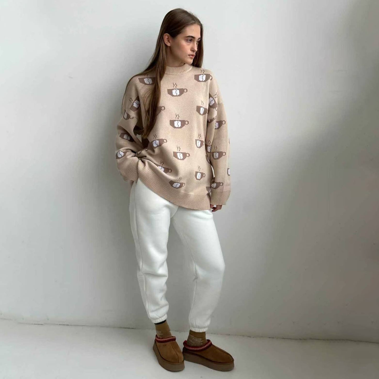 Coffee jacquard semi-turtleneck sweater