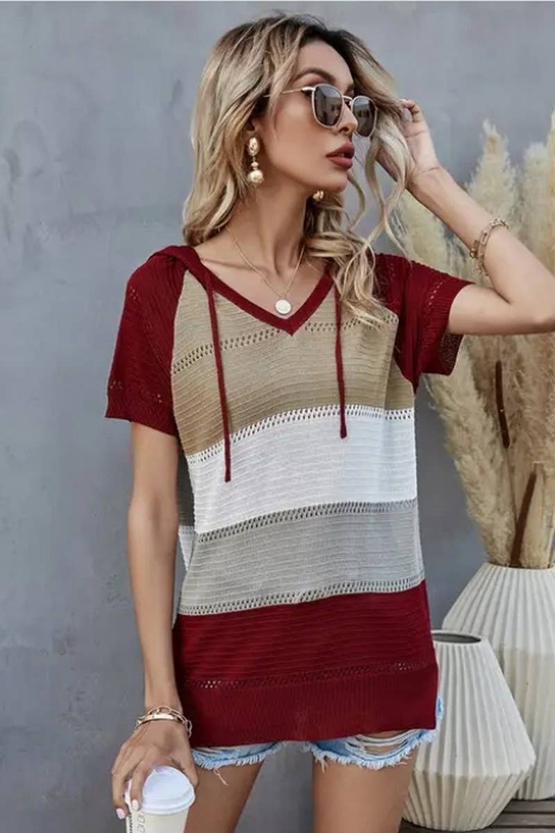 CWTTS1304_SPRING AND SUMMER STRIPED HOODED T-SHIRT