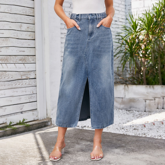 Women?™s Washed Denim Midi Skirt with Slit_CWJSK0196