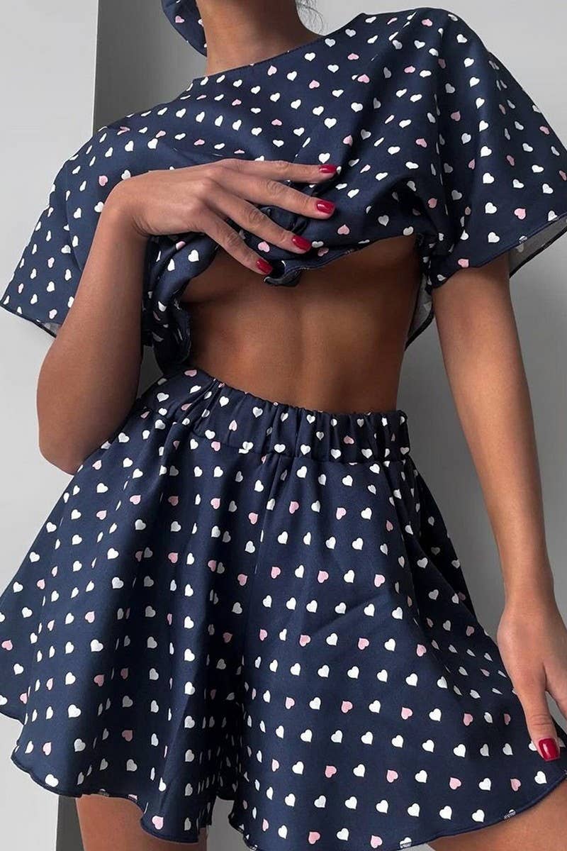 CWSPJ0381_KNITTED HEART PRINT PAJAMAS TWO-PIECE SET