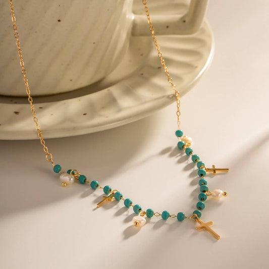 NEW BLUE CROSS PEARL NECKLACE