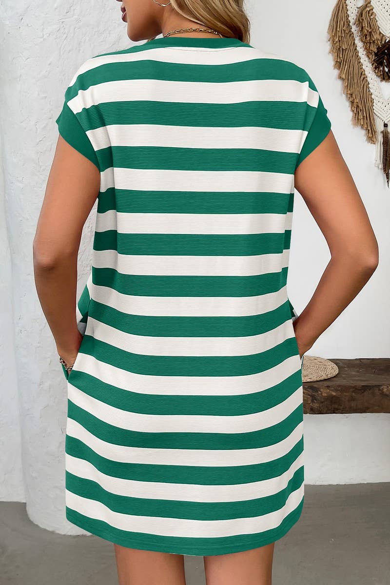 CWDSD7140_ROUND NECK STRIPED POCKET SHORT SLEEVE DRESS