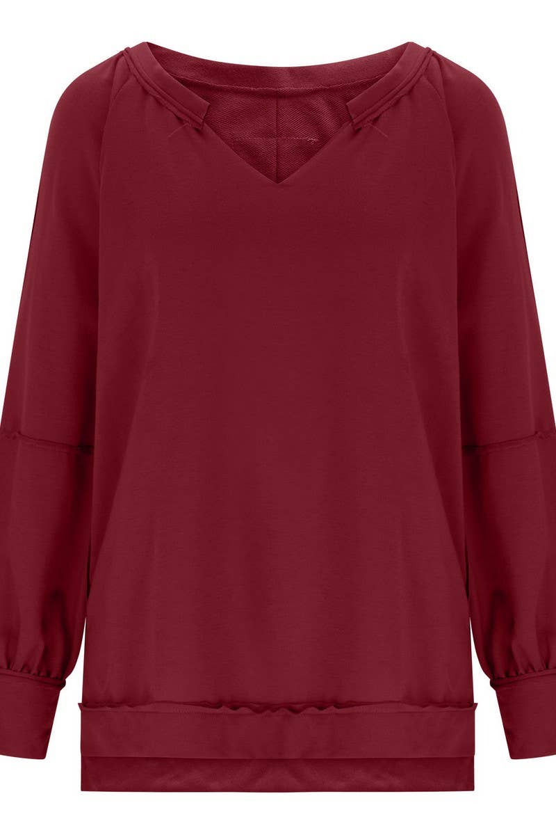 CWTBLL3940_LOOSE SOLID V-NECK ASYMMETRICAL LONG SLEEVE TEE