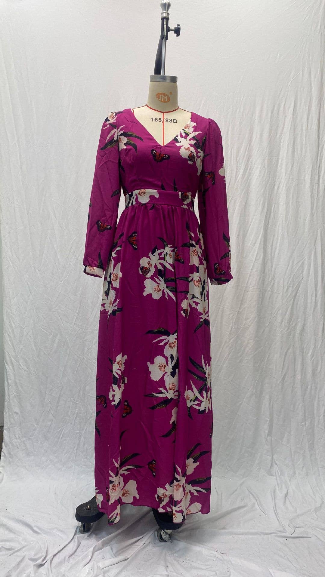 DEEP V-NECK LONG SLEEVE PRINTED WAIST LONG DRESS