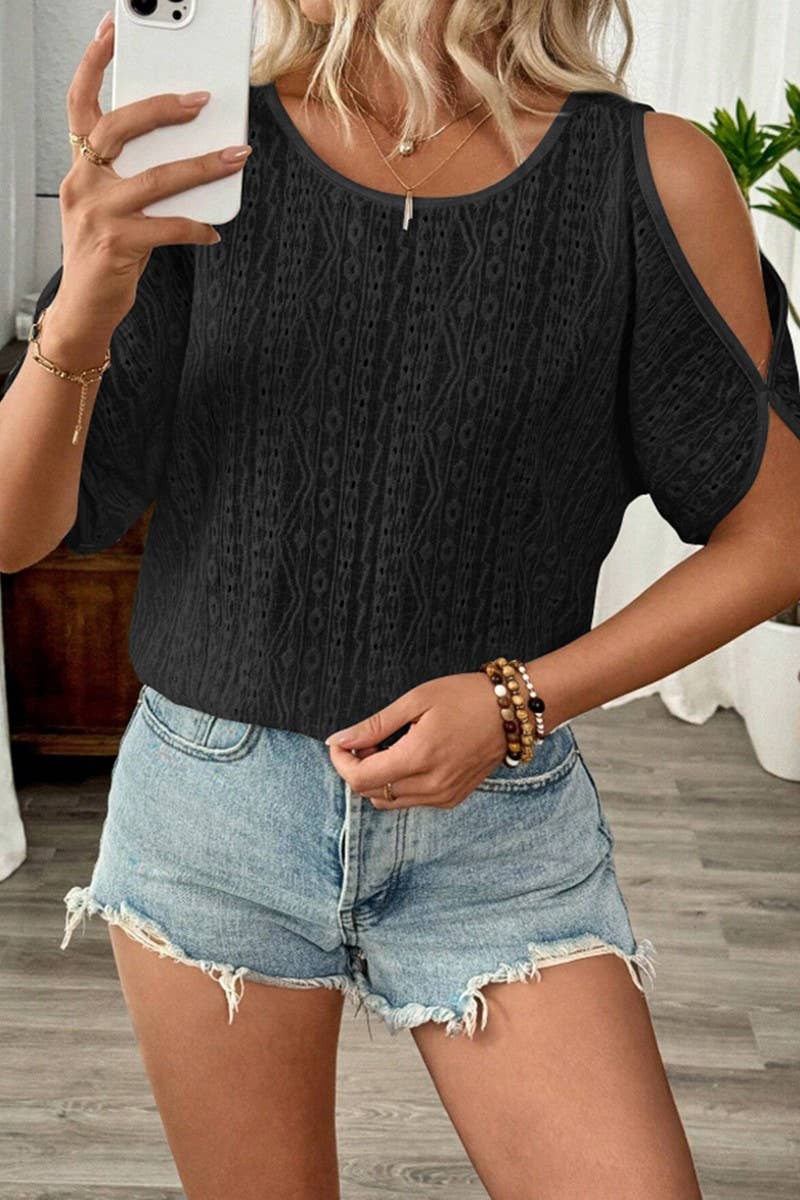 CWTBLS2261_SOLID COLD SHOULDER BATWING SLEEVE CUTOUT TEE