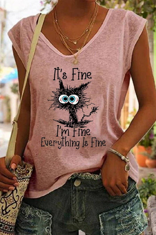 CWTTSL0258_V-NECK PRINTED LOOSE SLEEVELESS T-SHIRT