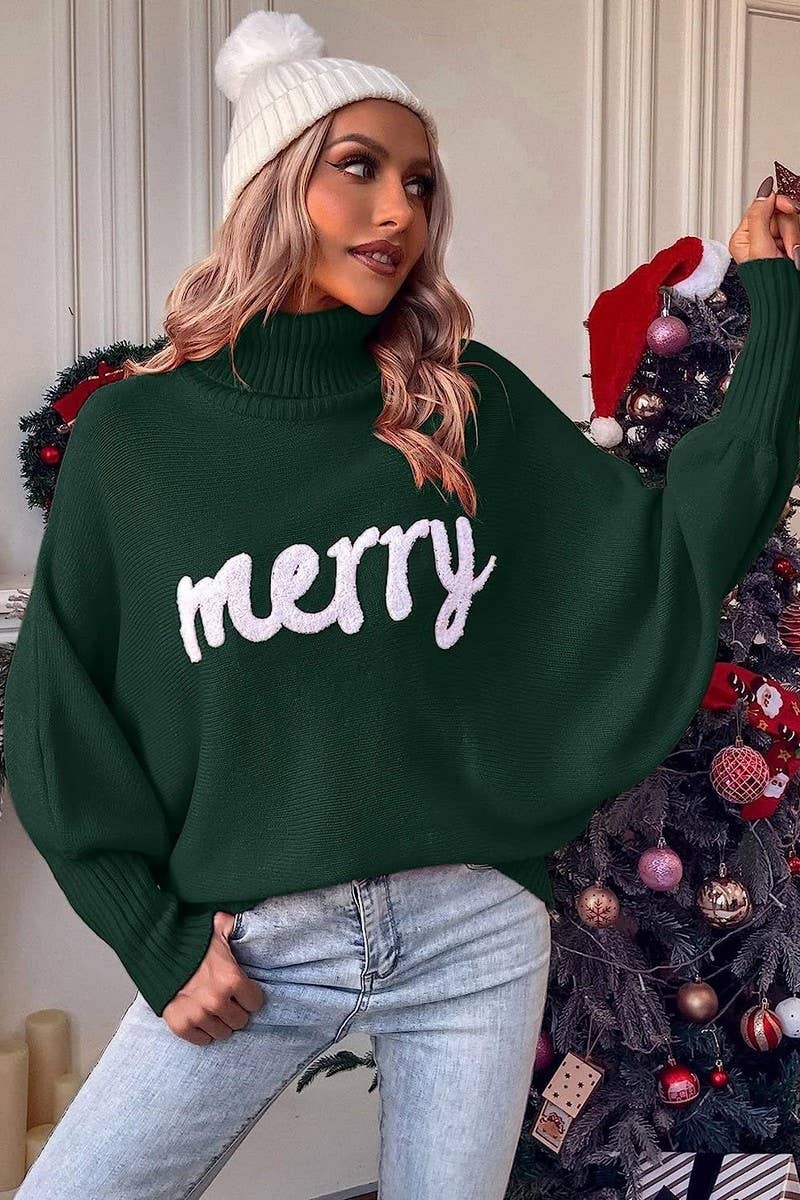 CWOSWL6261_EMBROIDERED BAT SLEEVE CHRISTMAS SWEATER