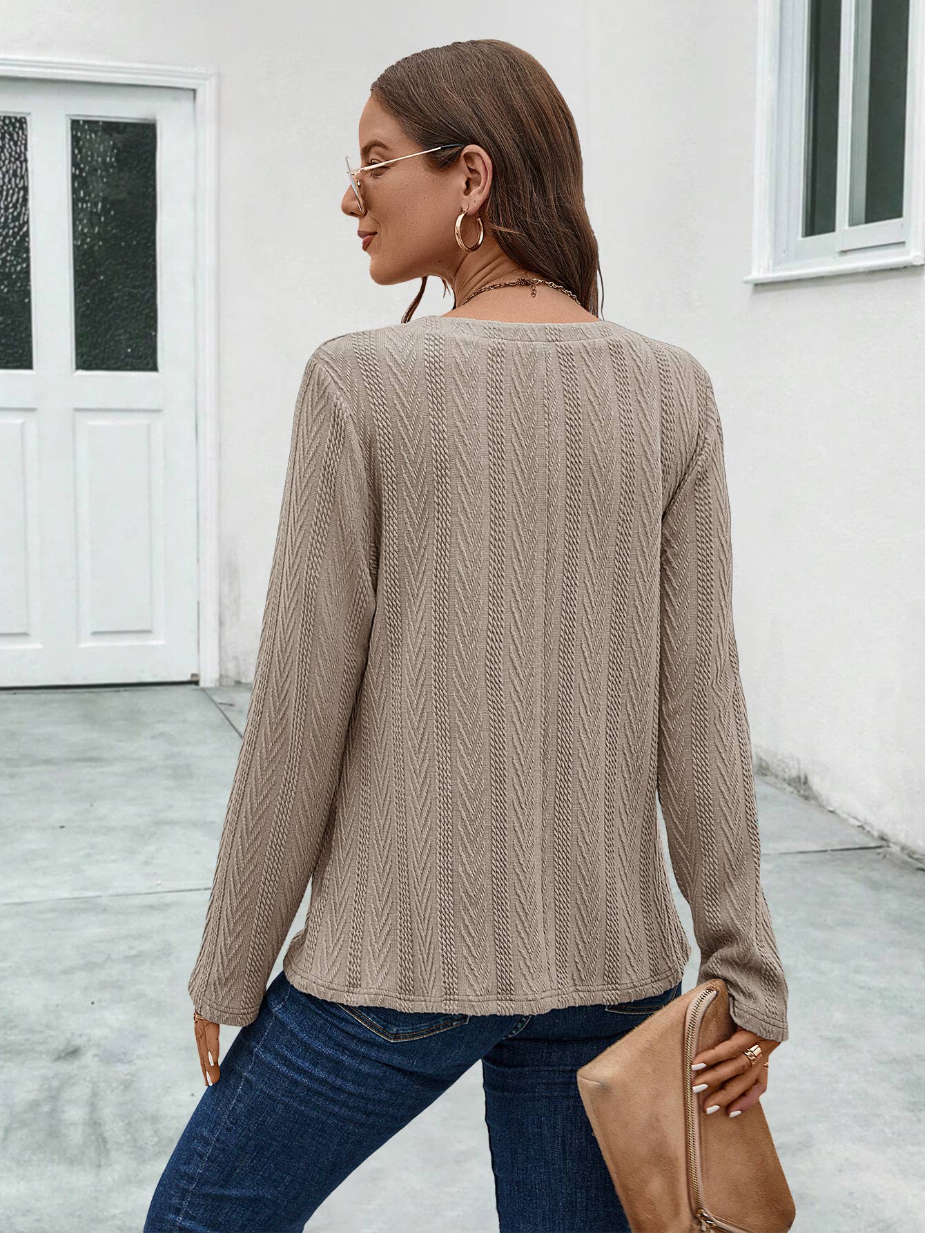 BUTTON KNIT FABRIC LONG SLEEVE TOP