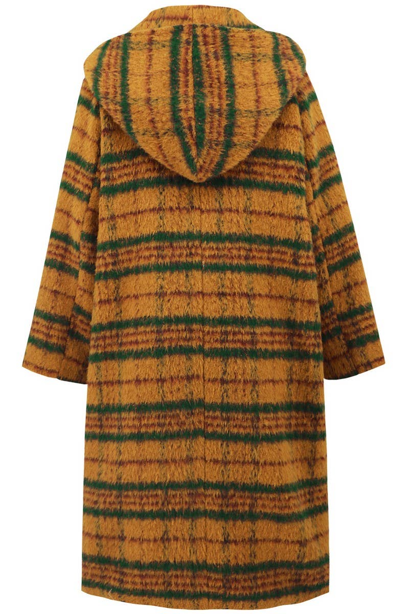 CWOCO0940_HORN BUTTON PLAID HOODED WOOLEN LONG COAT