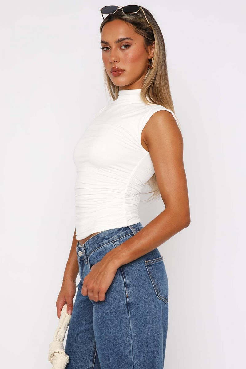 CWTBLSL0691_HALF TURTLENECK PLEATED SLEEVELESS TOP