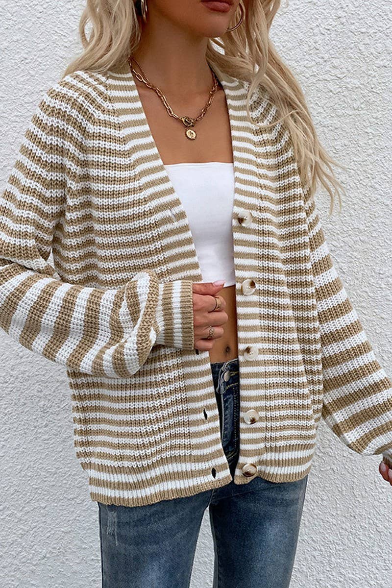 CWOCAL0871_STRIPED V-NECK LANTERN SLEEVE KNITTED CARDIGAN