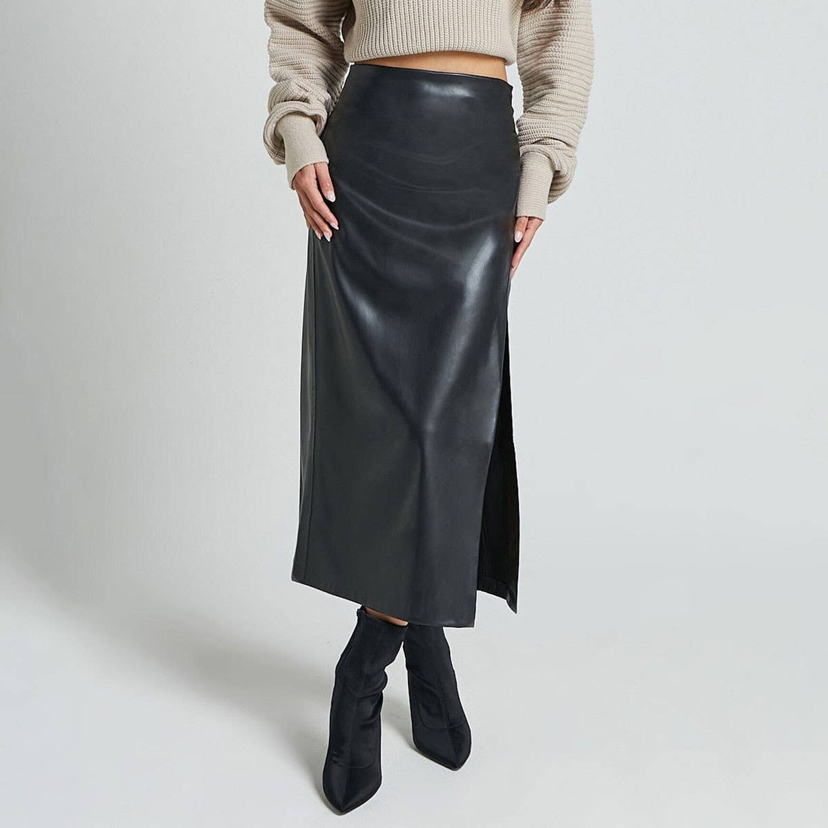 PU SLIT LEATHER SKIRT HIGH WAIST ZIPPER SKIRT_CWAB4811
