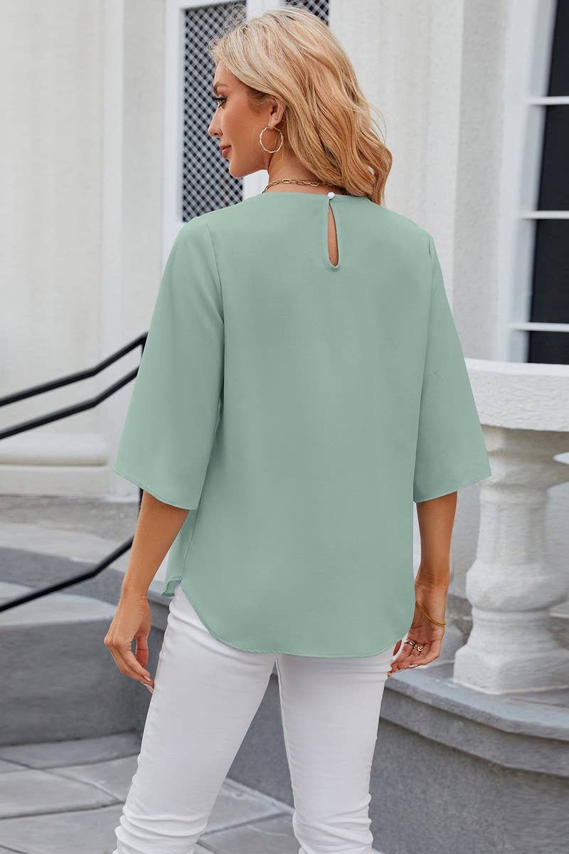 CWTBLS0434_Round Neck Short Sleeve Blouse