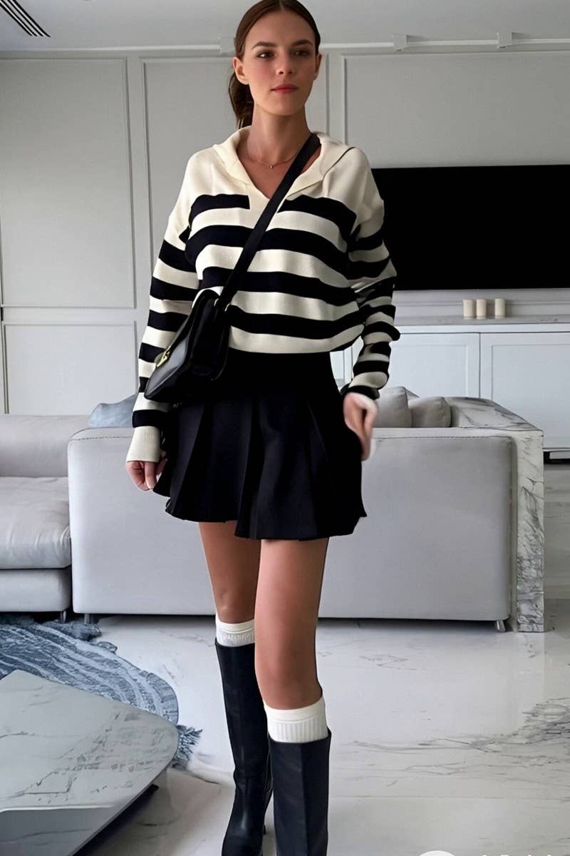 CWOSWL6954_COLORBLOCK STRIPED COLLARED KNIT PULLOVER SWEATER