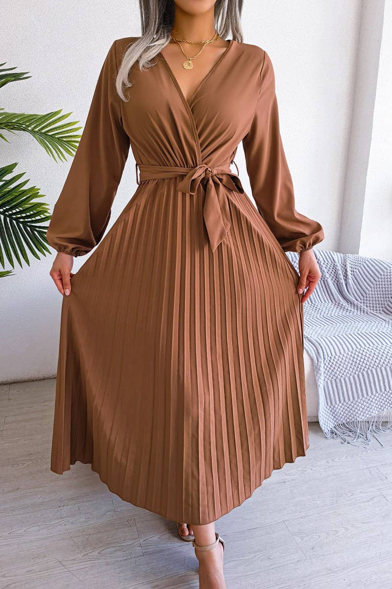 CROSSOVER V NECK PLEATED MAXI DRESS_CWDMD1174