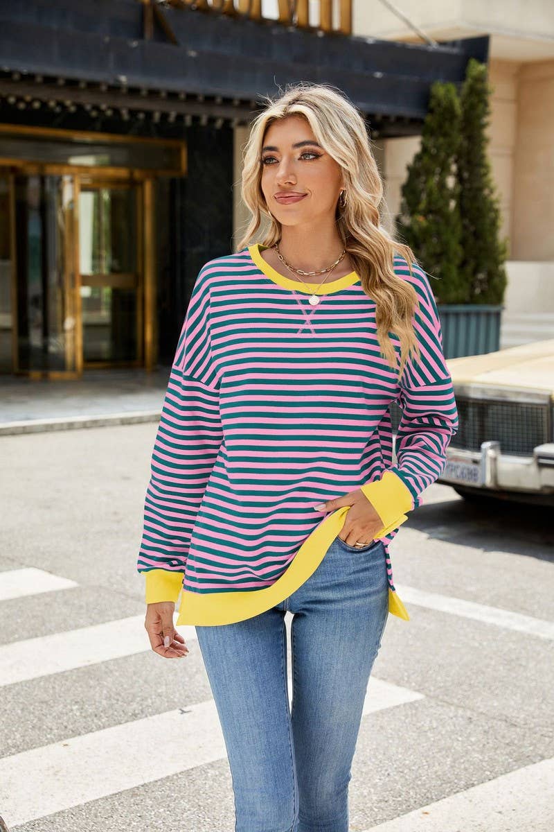 CWTBLL3746_CONTRAST COLOR SLIT LOOSE STRIPED SWEATSHIRT